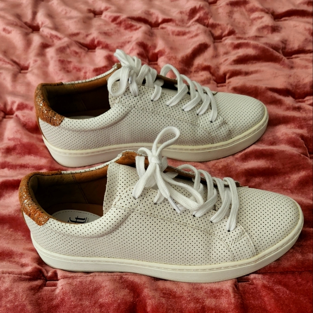 Sofft White Perforated Leather Sneakers with Tan Heel Accent